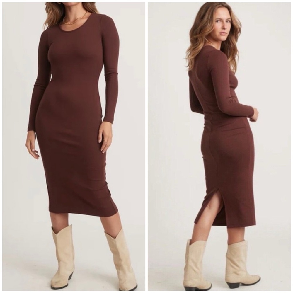 Marine Layer Lexi Rib Long Sleeve Midi Dress in Chocolate